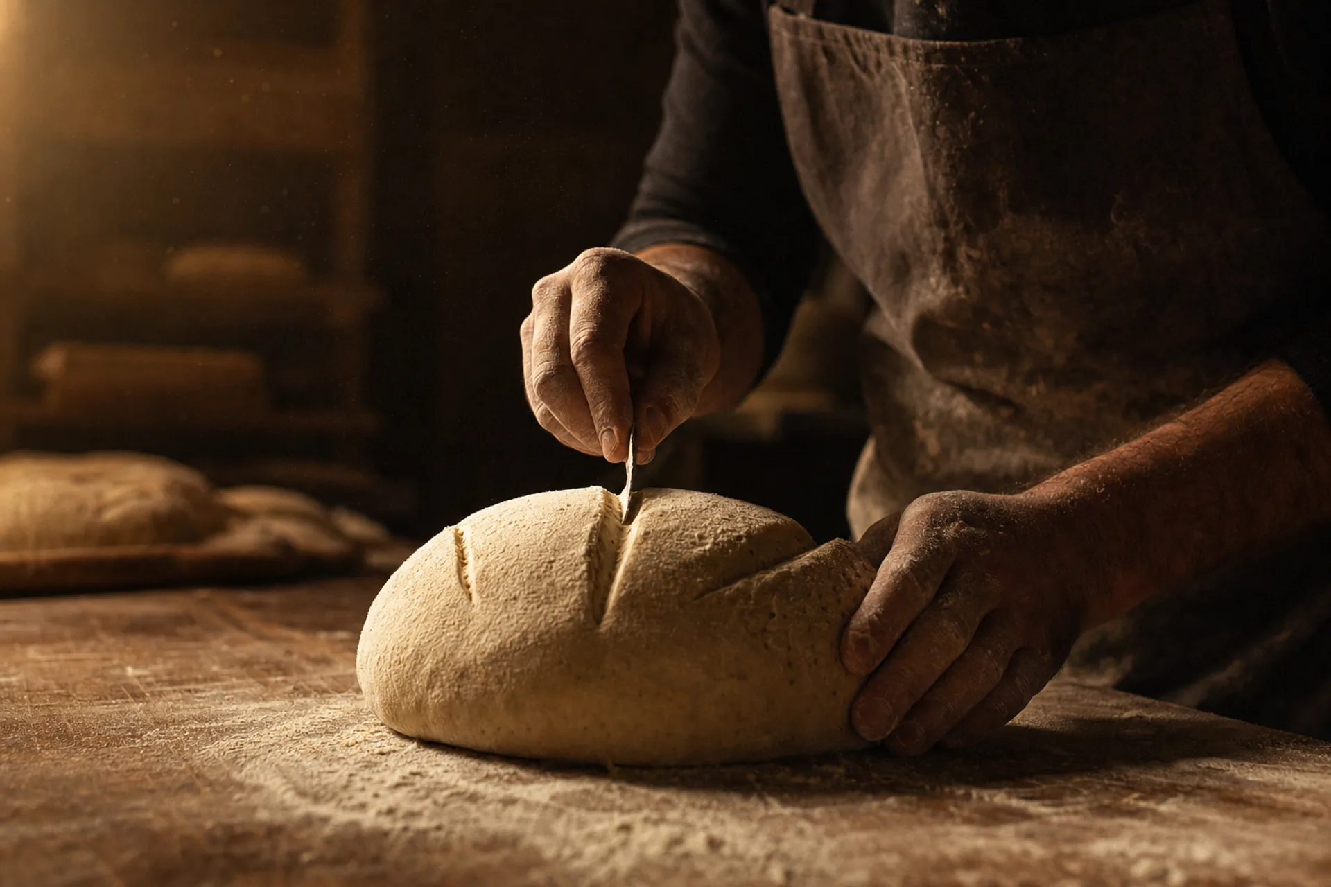Mains farinées d'un boulanger entaillant une miche de pain au levain à la lame, avant l'enfournement.