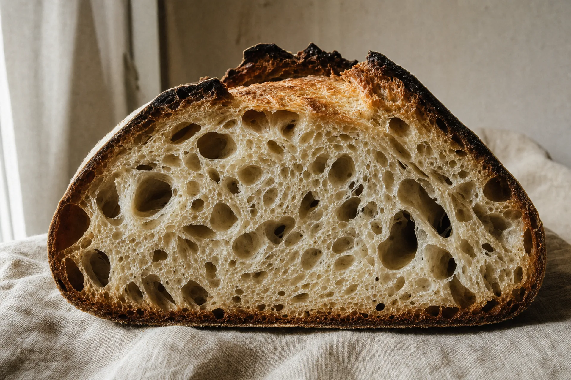 Miche de pain au levain tranchée, mie alvéolée irrégulière et croûte foncée.
